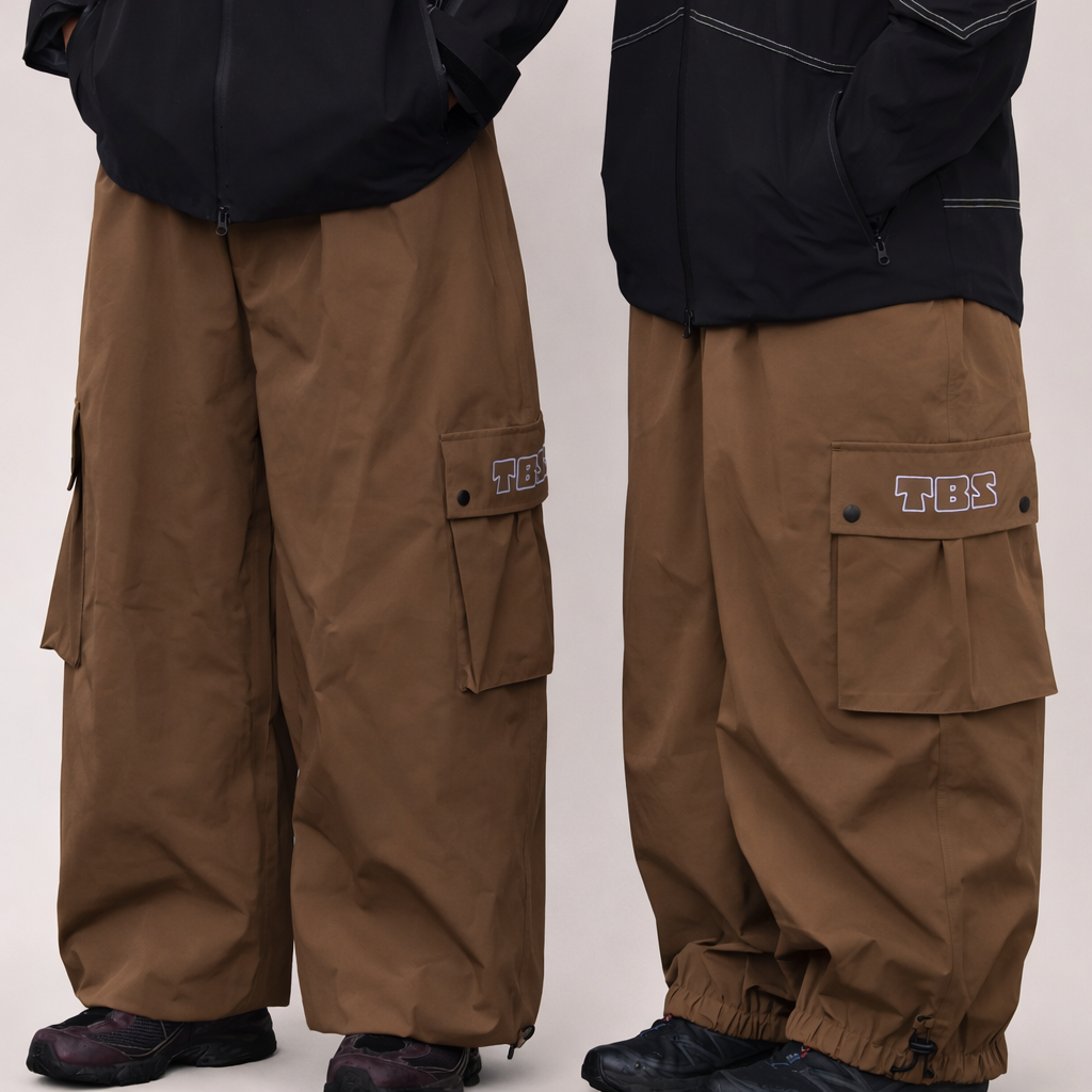 Brown cargo pants with visible branding on a plain background