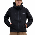 Person wearing a black jacket with a brand logo on a white background