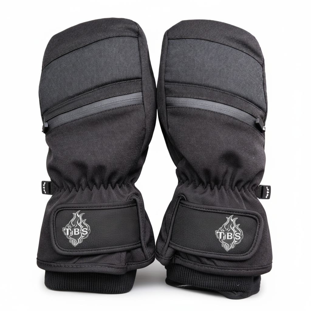 Pair of gray snow mittens with TBS logo on a white background